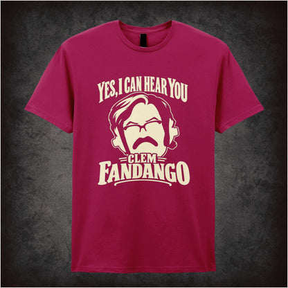 “Yes, I Can Hear You Clem Fandango” T-shirt in cardinal red from Toast of London