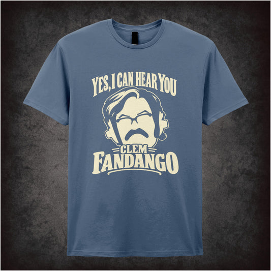 “Yes, I Can Hear You Clem Fandango” T-shirt in indigo from Toast of London