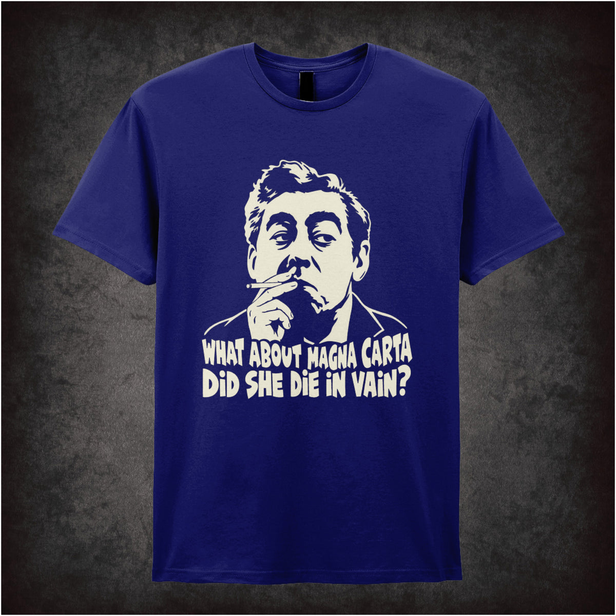 “What About Magna Carta, Did She Die in Vain?” T-shirt in navy from Hancock’s Half Hour