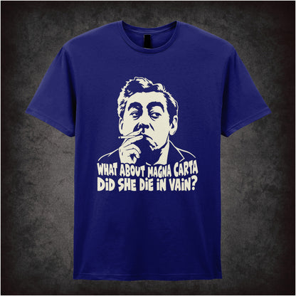 “What About Magna Carta, Did She Die in Vain?” T-shirt in navy from Hancock’s Half Hour