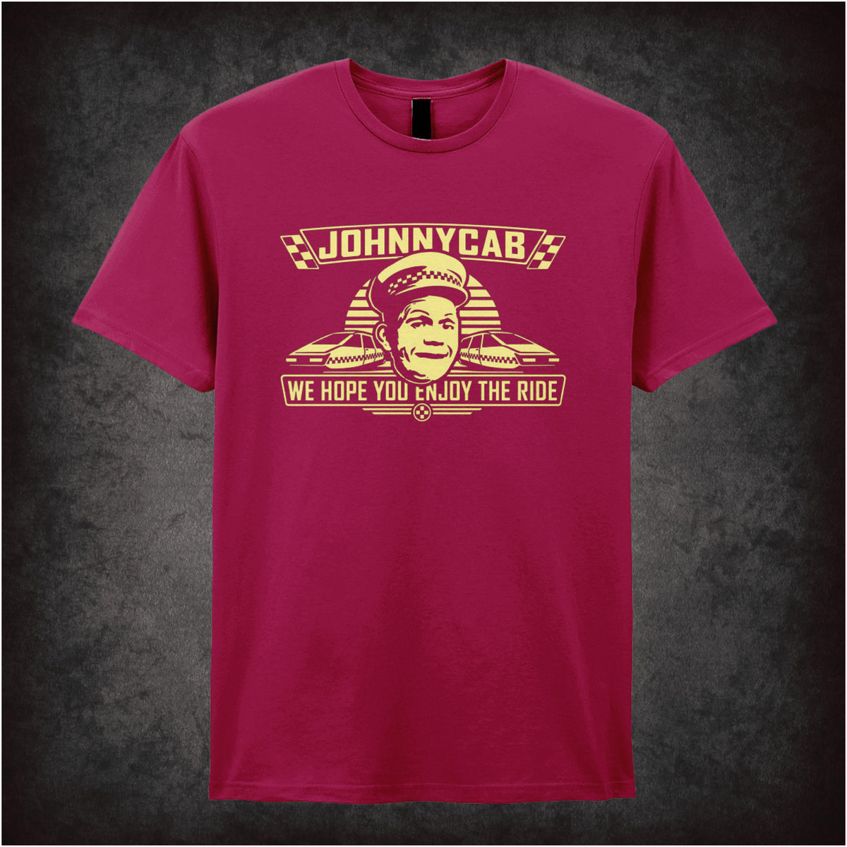 ‘Johnnycab we hope you enjoy the ride’ T-shirt in cardinal red from Total Recall