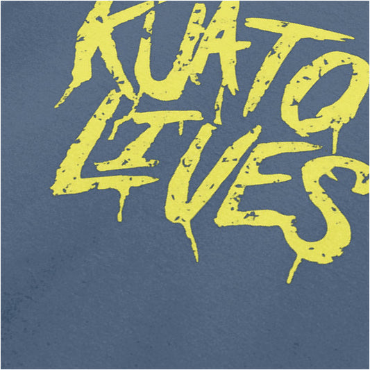‘Kuato Lives’ resistance slogan close up T-shirt in indigo from Total Recall