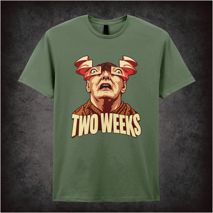 ‘Two weeks’ Douglas Quaid close up T-shirt in military green from Total Recall