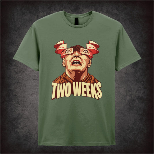 ‘Two weeks’ Douglas Quaid close up T-shirt in military green from Total Recall
