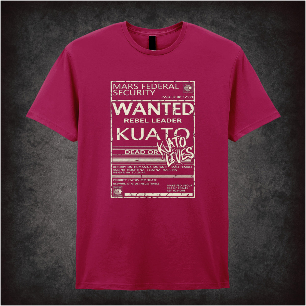 ‘Wanted rebel leader Kuato’ T-shirt in cardinal red from Total Recall