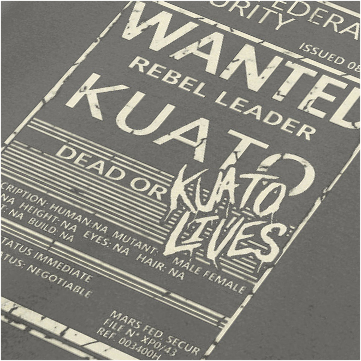 ‘Wanted rebel leader Kuato’ close up T-shirt in charcoal from Total Recall
