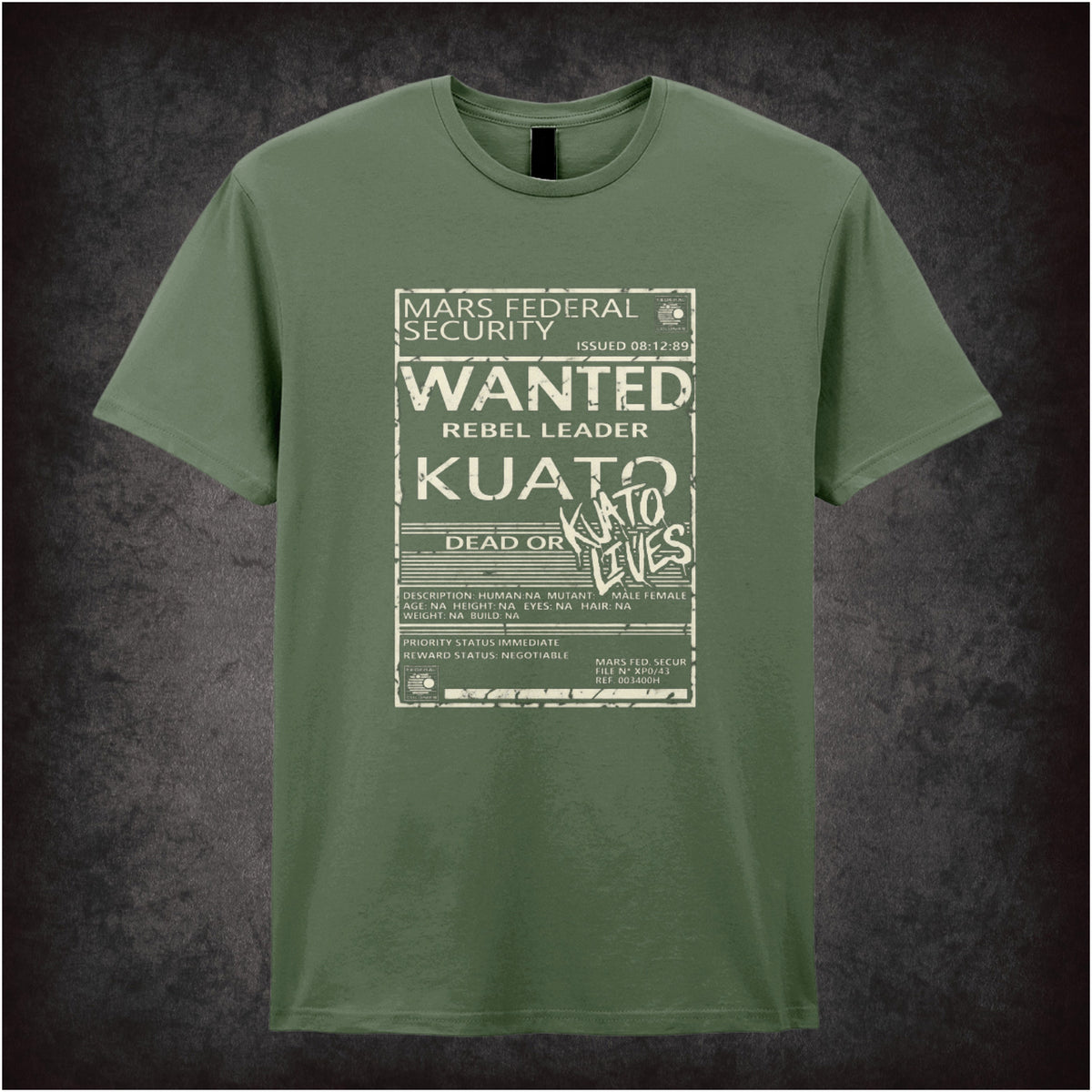 ‘Wanted rebel leader Kuato’ T-shirt in military green from Total Recall
