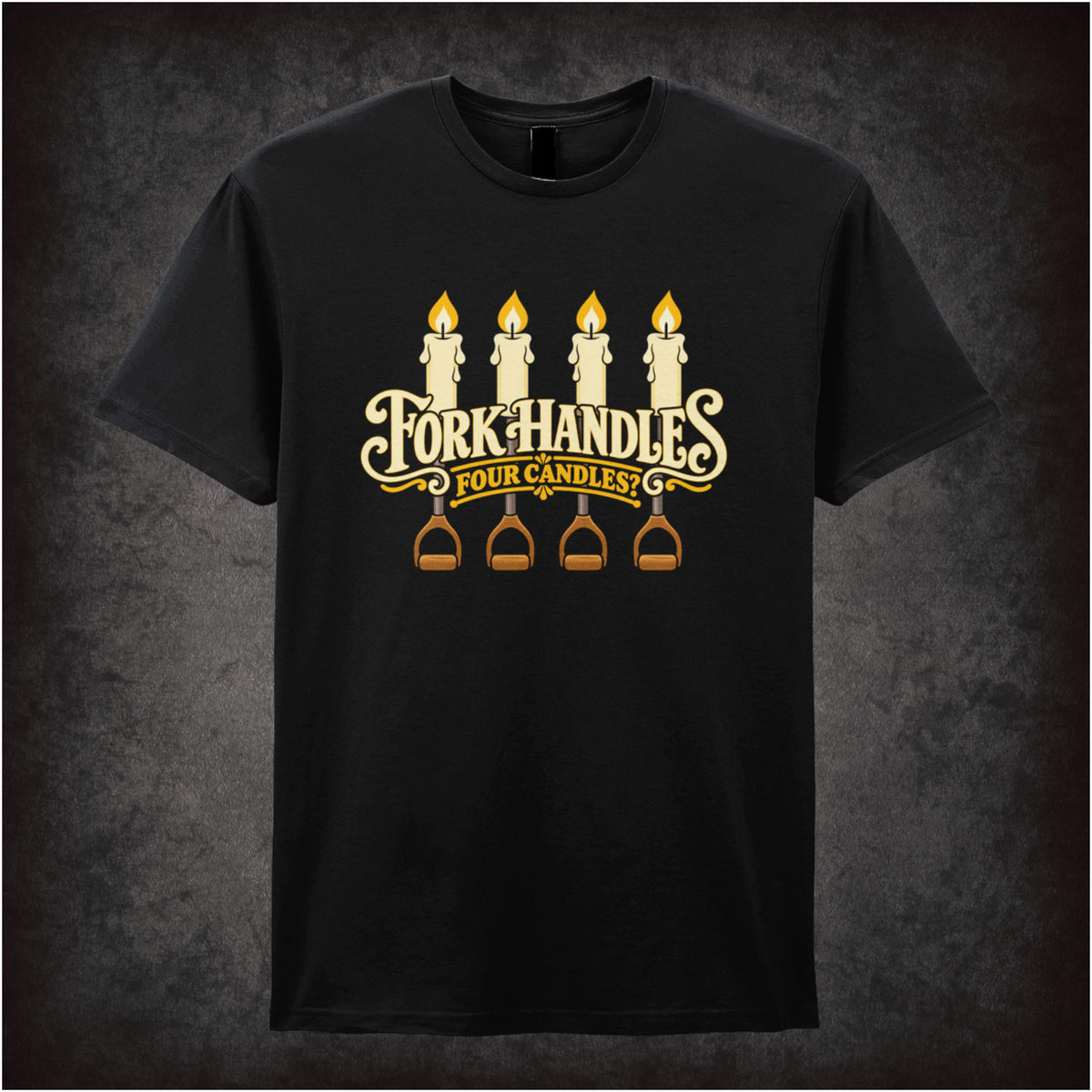 “‘Four Candles’ T-shirt in black from The Two Ronnies”