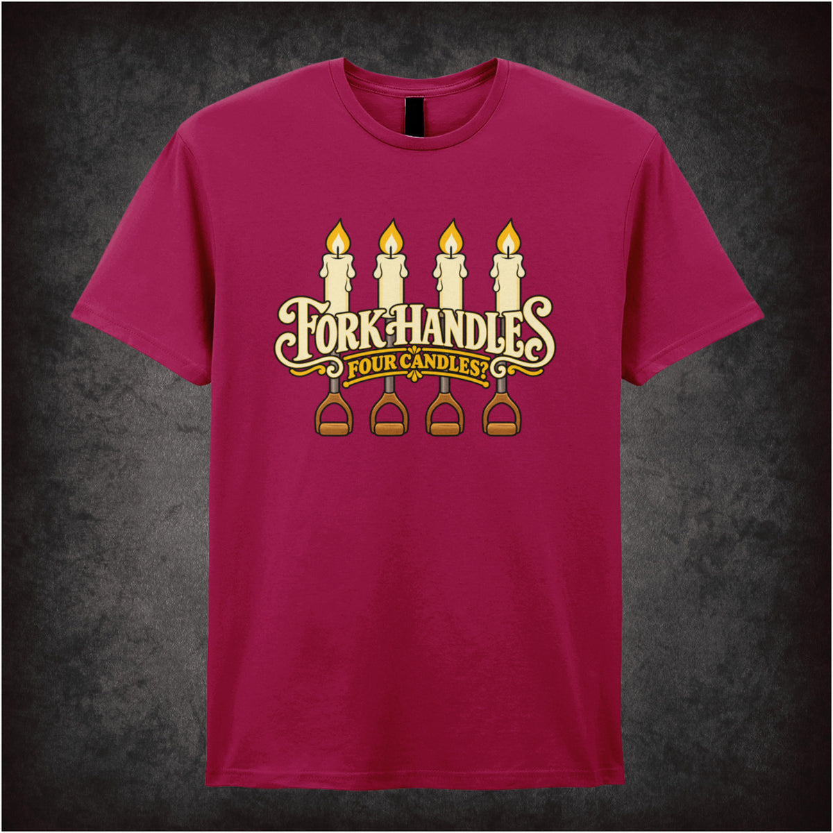 “‘Four Candles’ T-shirt in cardinal red from The Two Ronnies”