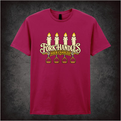 “‘Four Candles’ T-shirt in cardinal red from The Two Ronnies”