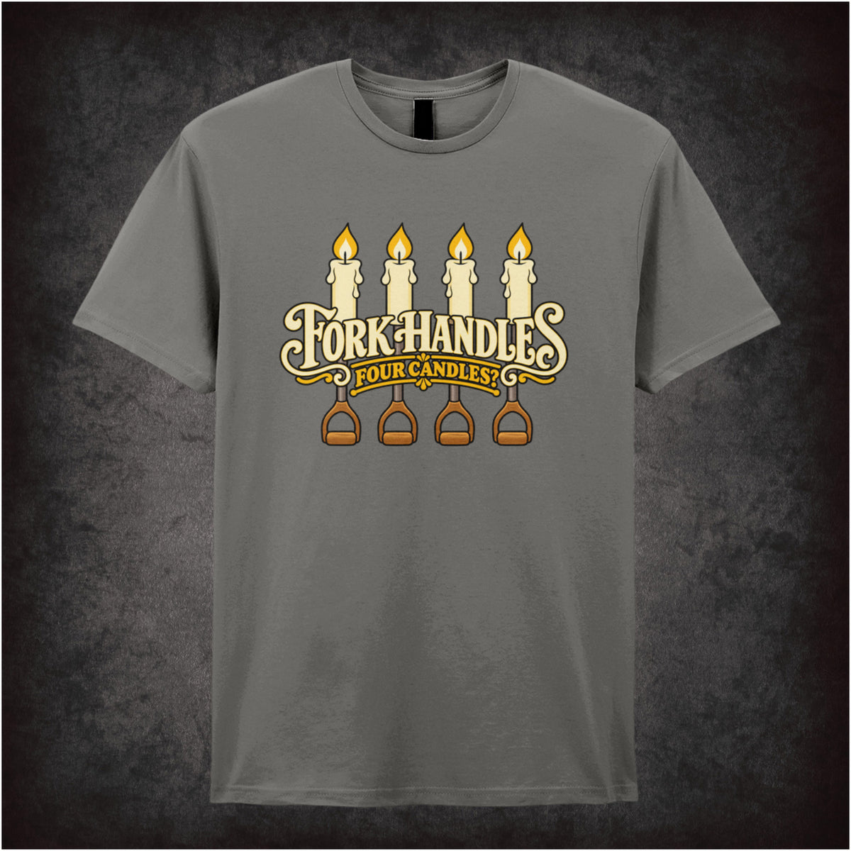 “‘Four Candles’ T-shirt in charcoal from The Two Ronnies”