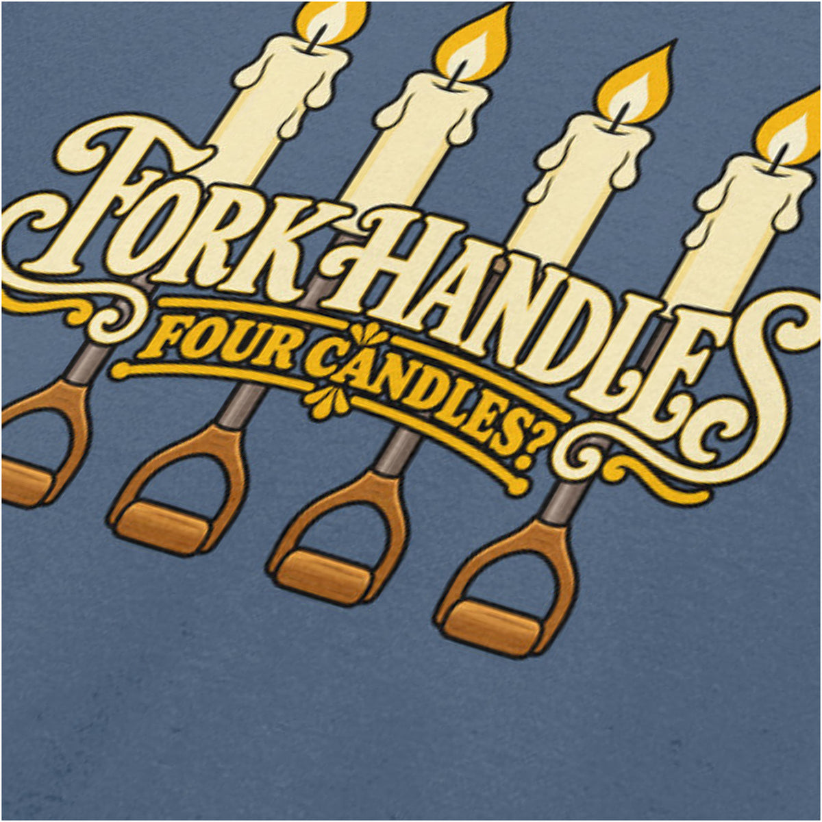 “‘Four Candles’ close up T-shirt in indigo from The Two Ronnies”