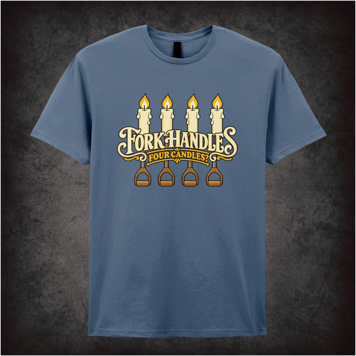 “‘Four Candles’ T-shirt in indigo from The Two Ronnies”