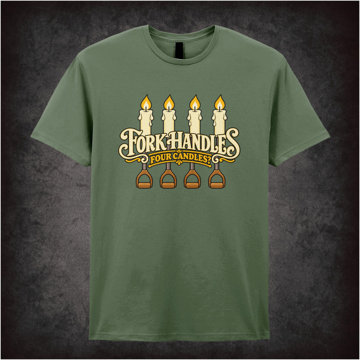 “‘Four Candles’ T-shirt in military green from The Two Ronnies”