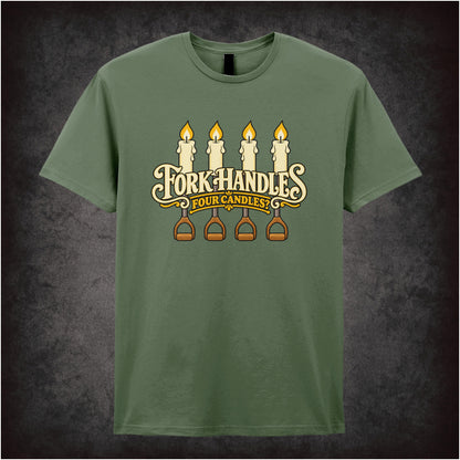 “‘Four Candles’ T-shirt in military green from The Two Ronnies”