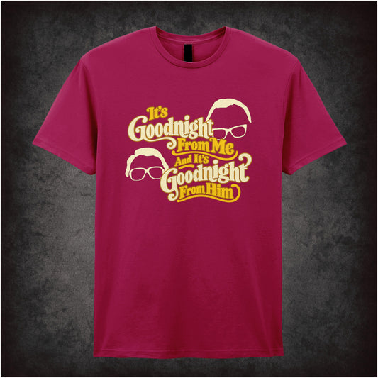 “‘It’s goodnight from me and it’s goodnight from him’ T-shirt in cardinal red from The Two Ronnies”
