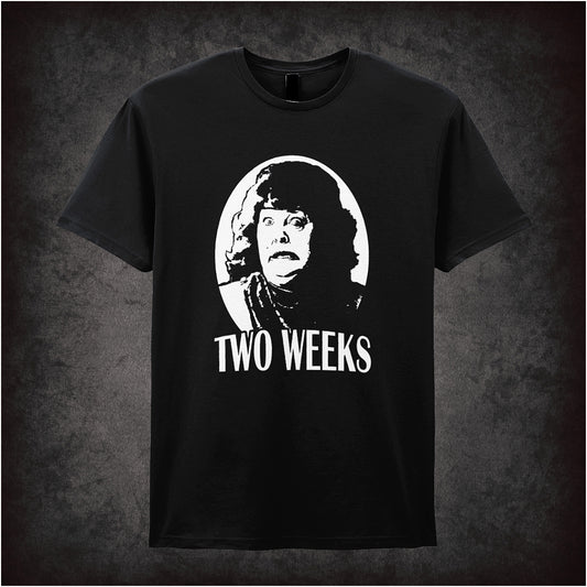 Total Recall inspired black unisex t-shirt with quote 'Two Weeks' soft style graphic tee