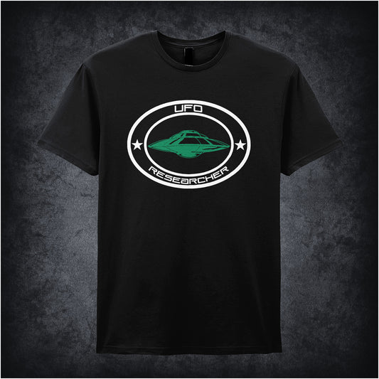 Black soft style unisex T-shirt featuring the bold text "UFO Researcher" inspired by Area 51, designed with a sleek, extraterrestrial theme.