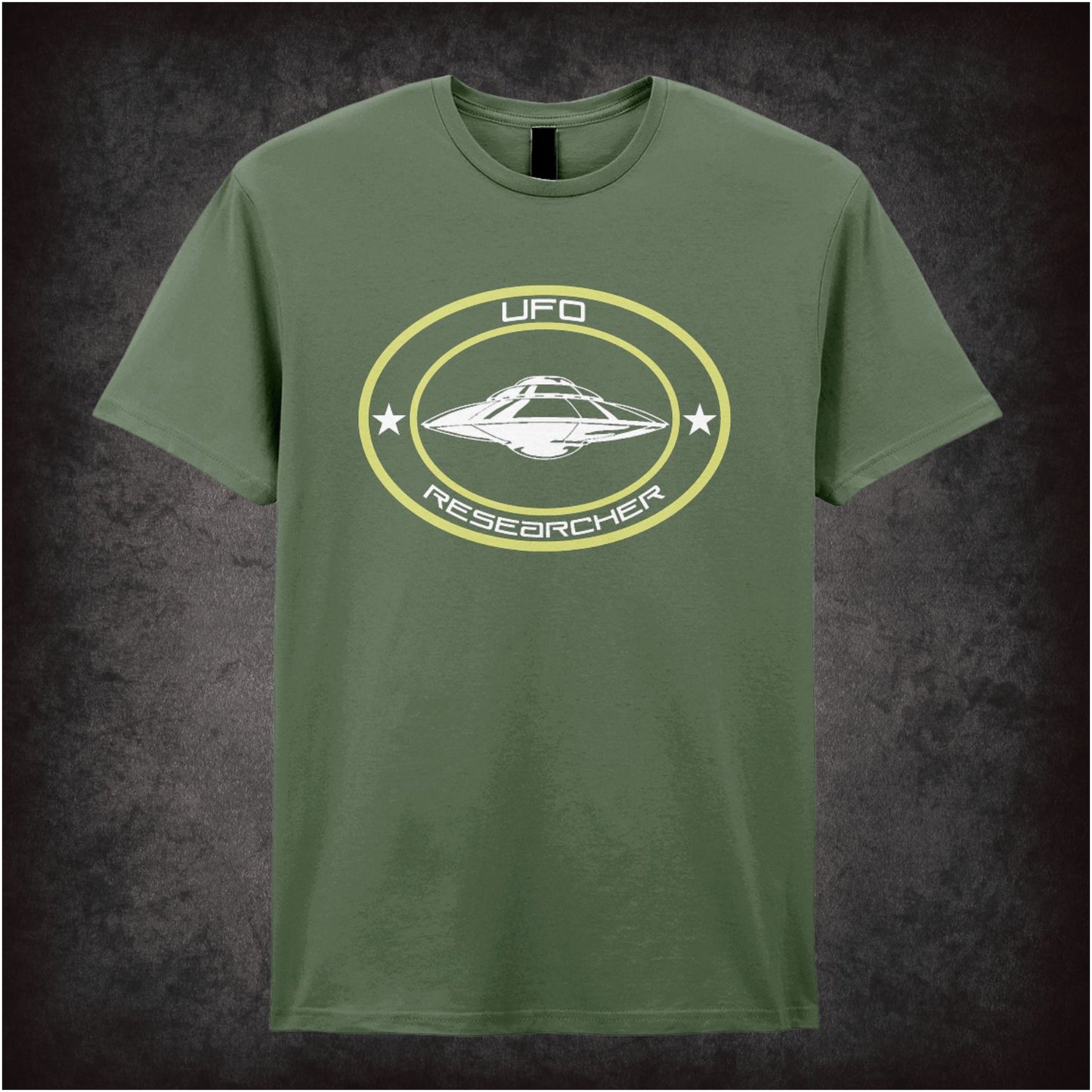 “UFO Researcher” T-shirt flying saucer badge design