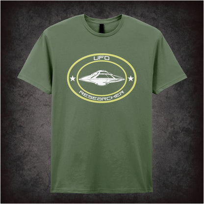 “UFO Researcher” T-shirt flying saucer badge design