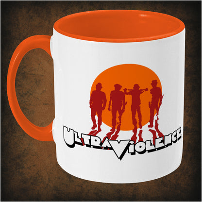 Ultra Violence two-toned mug inspired by A Clockwork Orange, left hand side featuring iconic dystopian movie design, striking typography, and collectible pop culture merchandise for Kubrick fans.