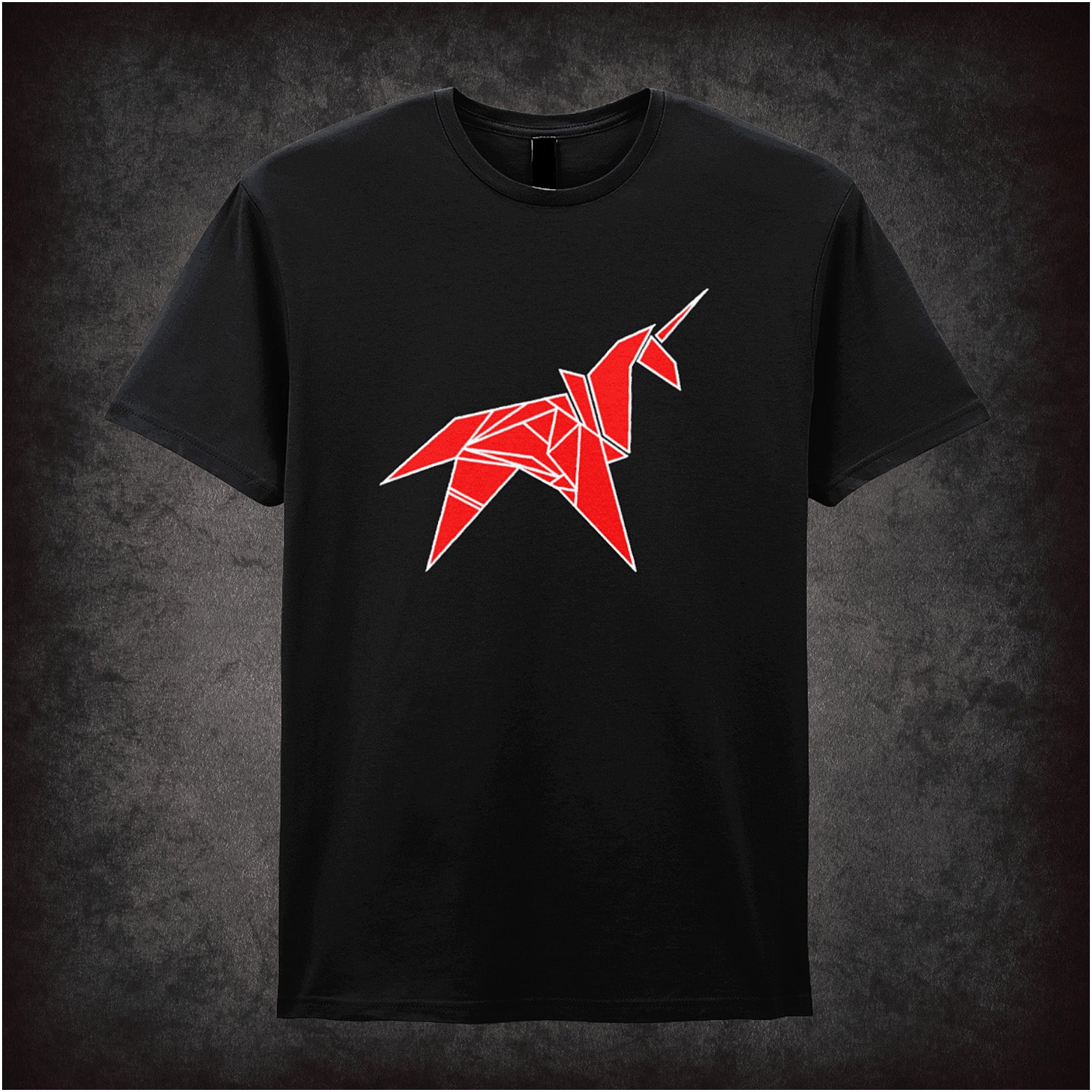 black Origami Unicorn soft-style unisex t-shirt, Blade Runner inspired design, sci-fi movie fan apparel.