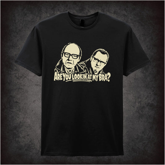 “Are You Lookin’ at My Bra?” quote T-shirt in black from Reeves and Mortimer
