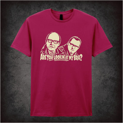 “Are You Lookin’ at My Bra?” quote T-shirt in cardinal red from Reeves and Mortimer