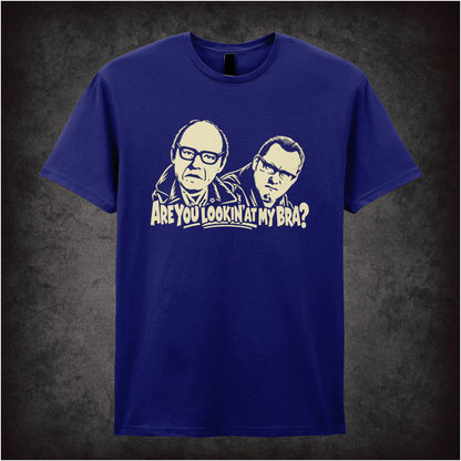 “Are You Lookin’ at My Bra?” quote T-shirt in navy from Reeves and Mortimer