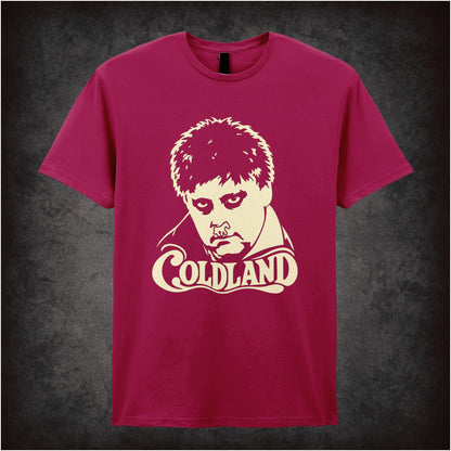 “Coldland” T-shirt in cardinal red from Vic Reeves and Bob Mortimer