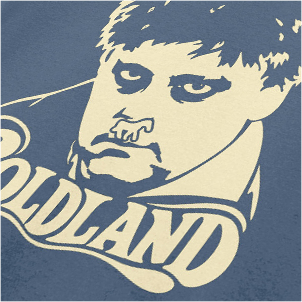 “Coldland” close up T-shirt in indigo from Vic Reeves and Bob Mortimer