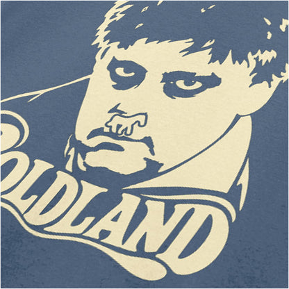 “Coldland” close up T-shirt in indigo from Vic Reeves and Bob Mortimer