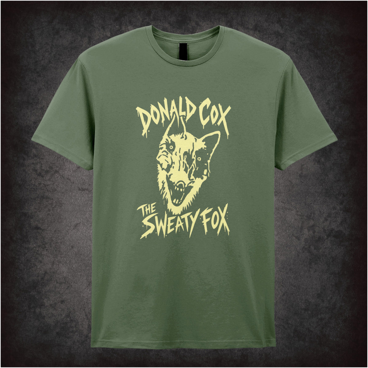 Donald Cox “The Sweaty Fox” T-shirt in military green from Shooting Stars
