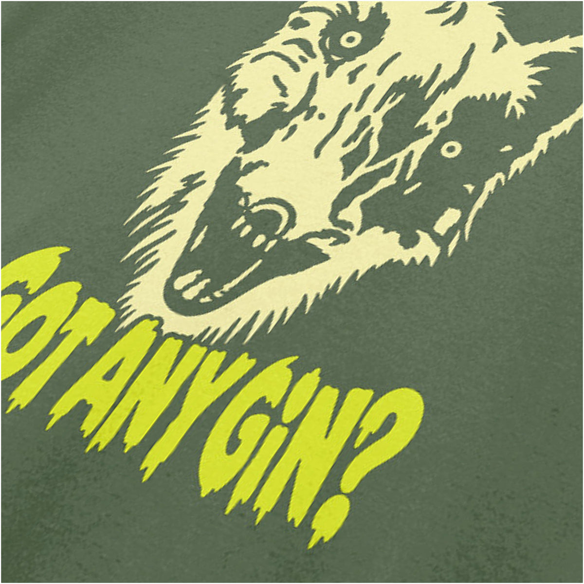 Donald Cox “Got Any Gin?” close up T-shirt in military green from Shooting Stars