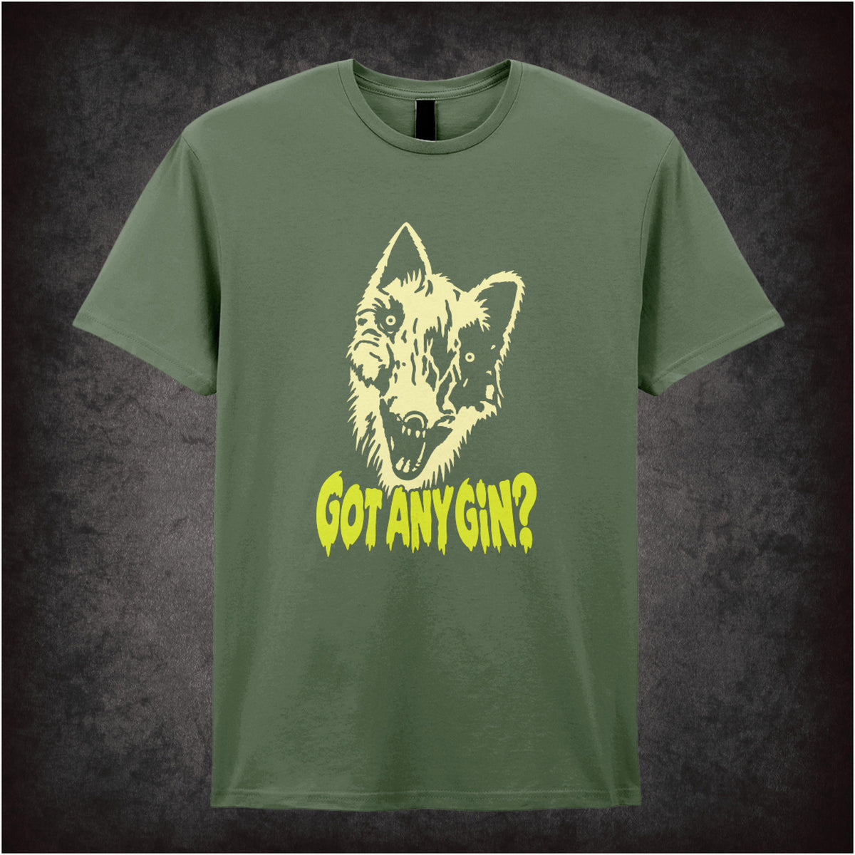 Donald Cox “Got Any Gin?” T-shirt in military green from Shooting Stars