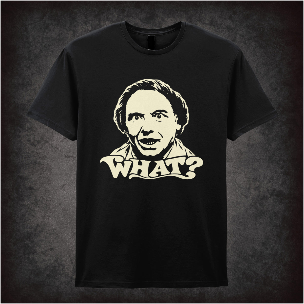 Bob Mortimer “What?” T-shirt in black from Vic Reeves and Bob Mortimer