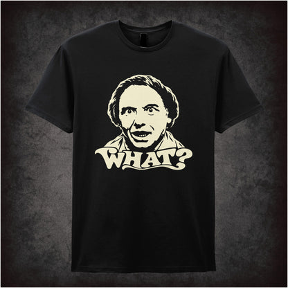 Bob Mortimer “What?” T-shirt in black from Vic Reeves and Bob Mortimer