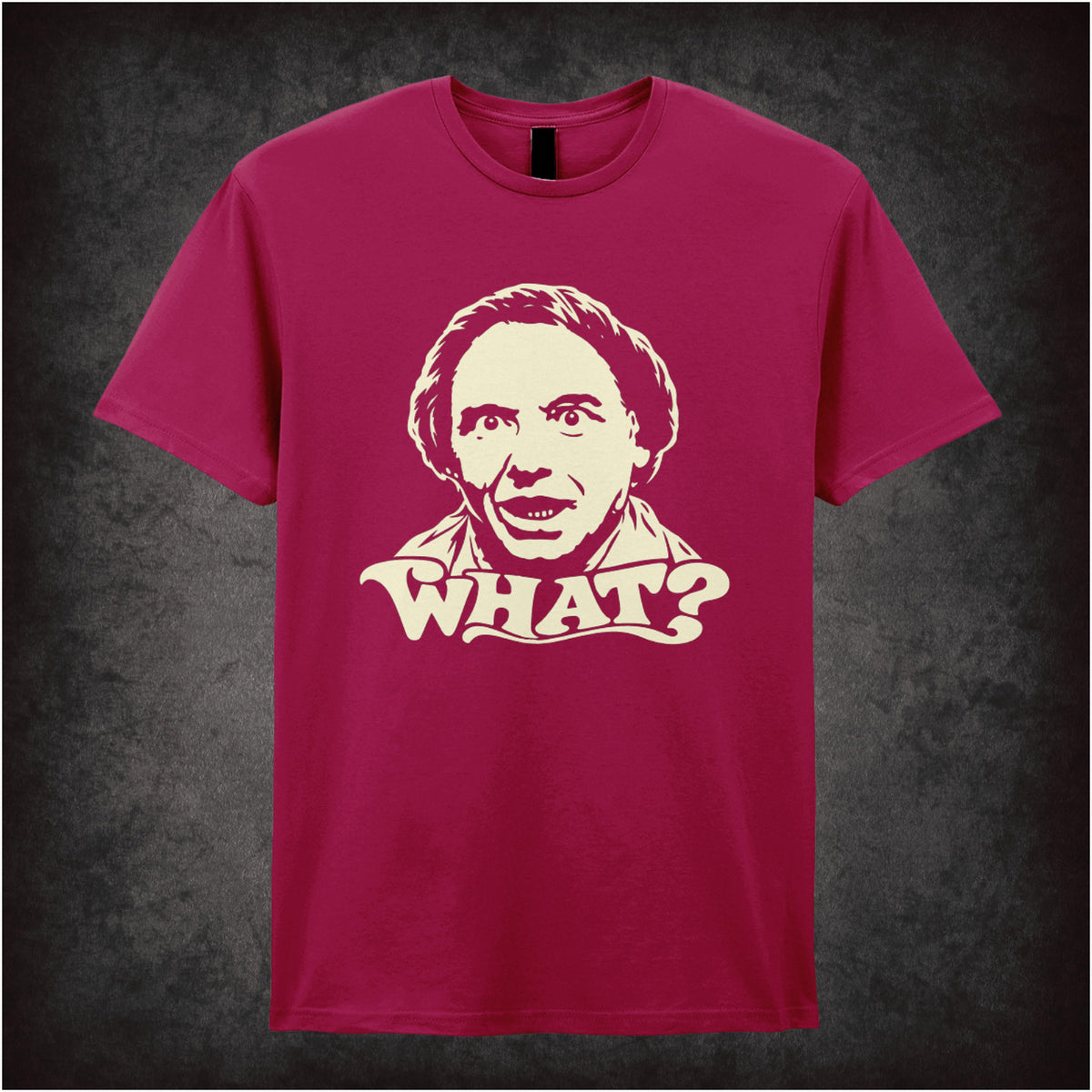 Bob Mortimer “What?” T-shirt in cardinal red from Vic Reeves and Bob Mortimer