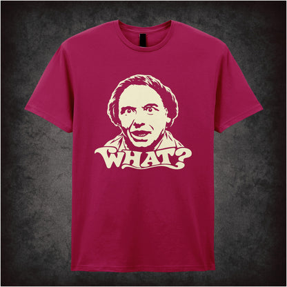 Bob Mortimer “What?” T-shirt in cardinal red from Vic Reeves and Bob Mortimer