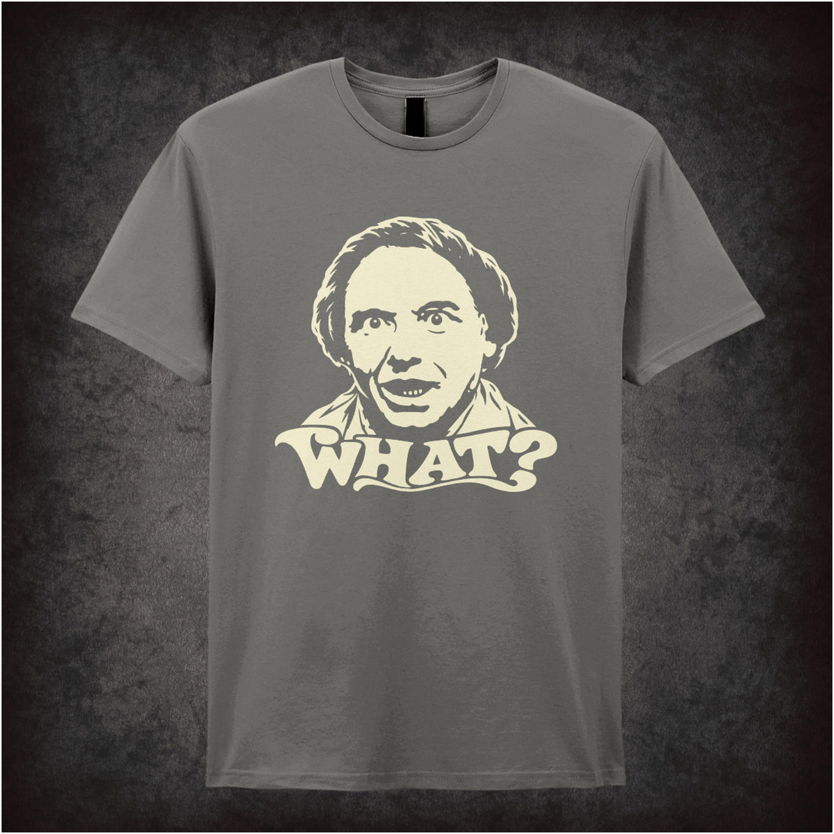 Bob Mortimer “What?” T-shirt in charcoal from Vic Reeves and Bob Mortimer