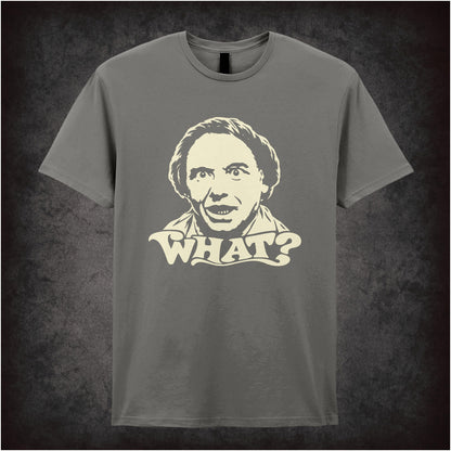 Bob Mortimer “What?” T-shirt in charcoal from Vic Reeves and Bob Mortimer