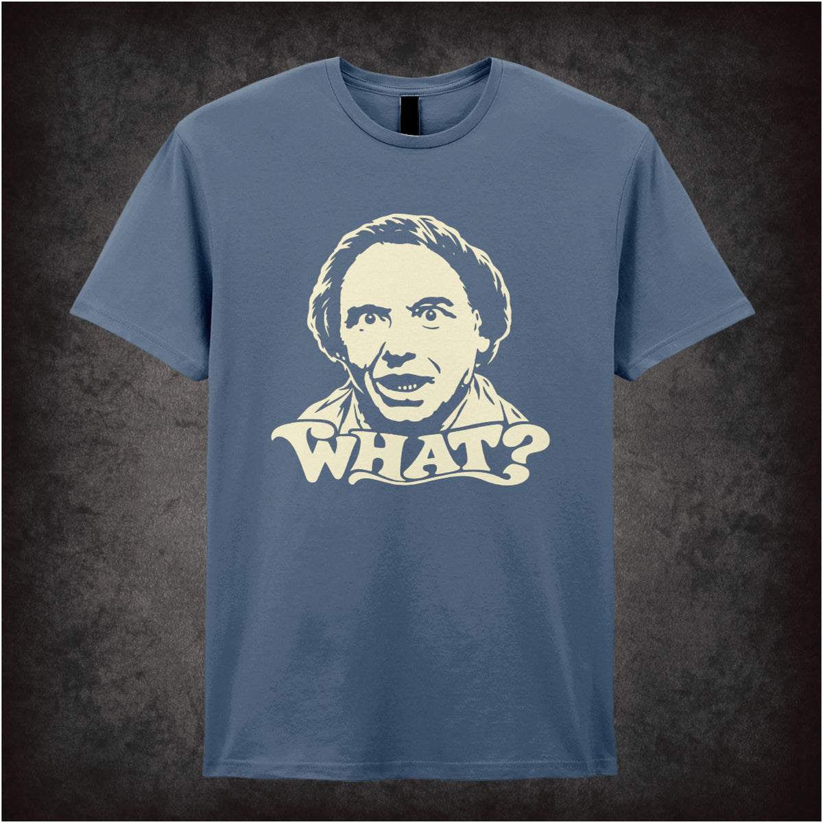 Bob Mortimer “What?” T-shirt in indigo from Vic Reeves and Bob Mortimer