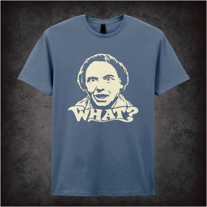 Bob Mortimer “What?” T-shirt in indigo from Vic Reeves and Bob Mortimer
