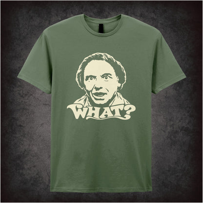 Bob Mortimer “What?” T-shirt in military green from Vic Reeves and Bob Mortimer
