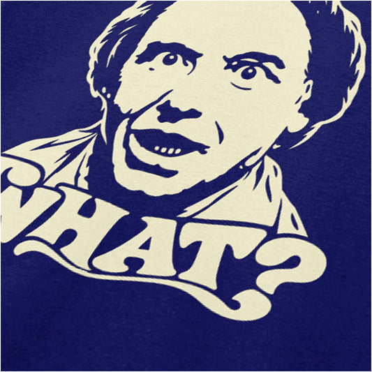 Bob Mortimer “What?” close up T-shirt in navy from Vic Reeves and Bob Mortimer
