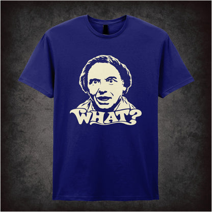 Bob Mortimer “What?” T-shirt in navy from Vic Reeves and Bob Mortimer