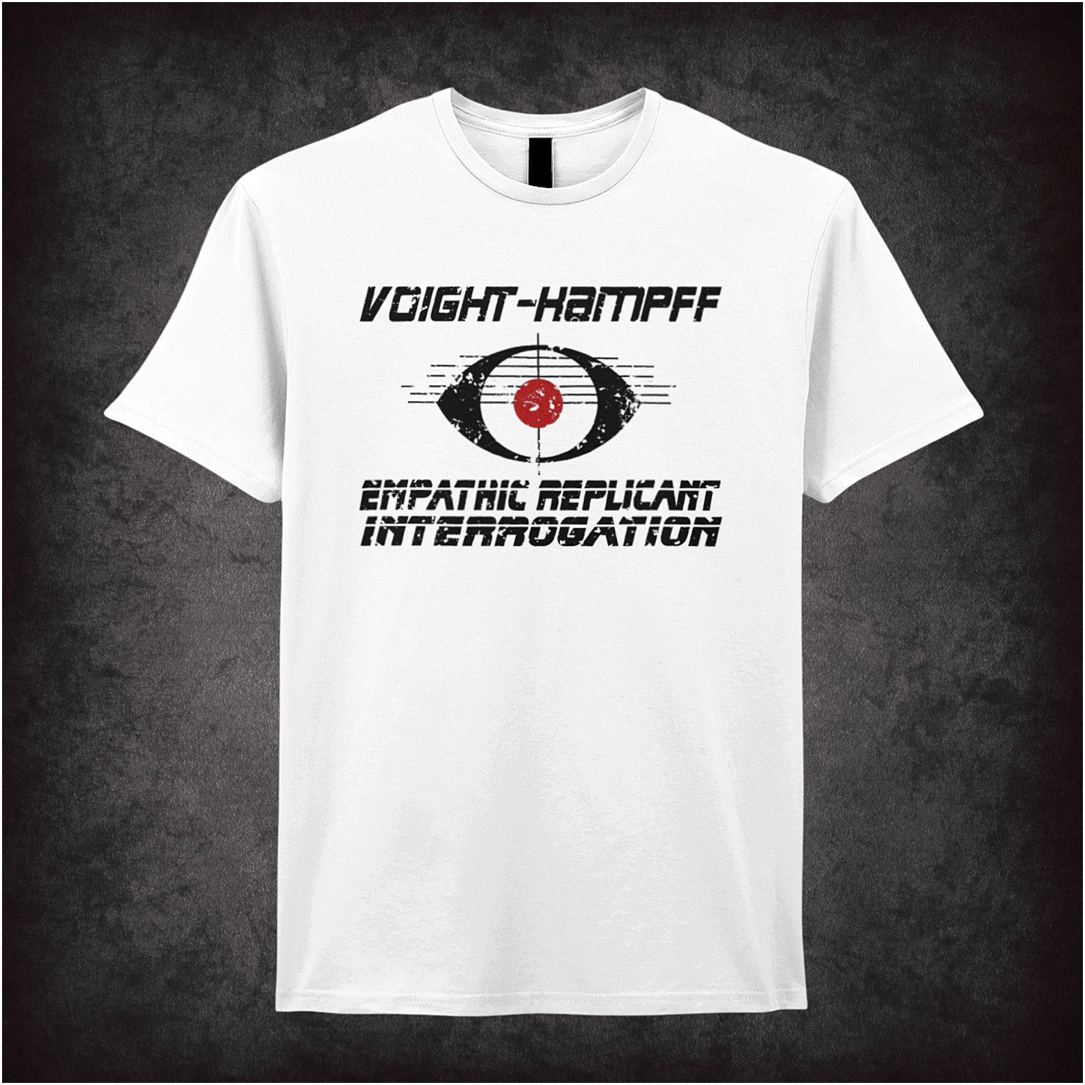 white unisex T-shirt featuring “Voight Kampff Empathic Replicant Interrogation” text inspired by Blade Runner, displayed in clean, futuristic white lettering.