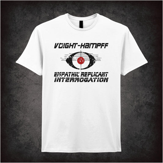 white unisex T-shirt featuring “Voight Kampff Empathic Replicant Interrogation” text inspired by Blade Runner, displayed in clean, futuristic white lettering.