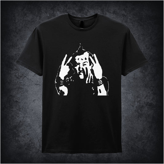 Black soft style unisex T-shirt featuring Vyvyan from The Young Ones, depicted in a bold, punk-inspired graphic design.