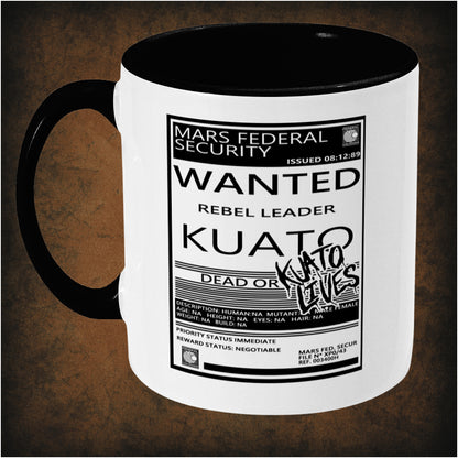 Kuato Wanted Poster two-toned mug inspired by Total Recall, left hand side featuring iconic sci-fi movie design, dystopian artwork, and collectible pop culture merchandise for fans.
